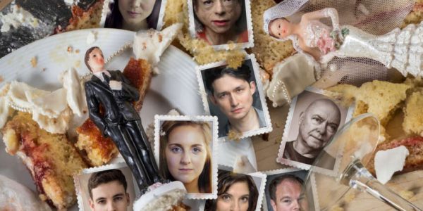 A series of snapshots of faces against the detritus of wedding cake