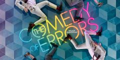 The words Comedy of Errors with four people (the Antipholuses and Dromios) surrounding them as if running in a circle