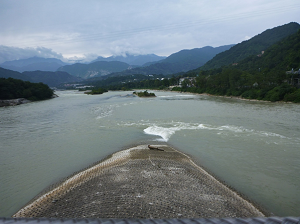A photograph of the ‘fish head’: the upstream point of the diversion island where the man-made channel (right) is diverted from the main river (left)