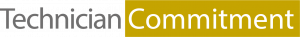 Technician Commitment logo. The word 'technician' is dark grey text with 'commitment' written in white on a yellow background.