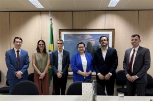 Meryem Duygun standing in front of wooden panelled wall and large framed picture with 1 other woman and 3 men at the Ministry of Economy, Brazil