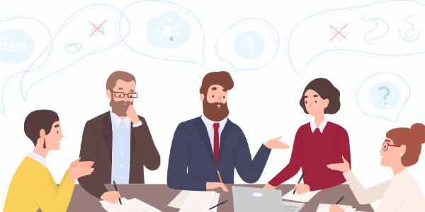 Cartoon image of staff talking in an office