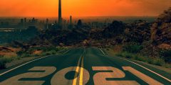 View of a city with 2021 written on the road