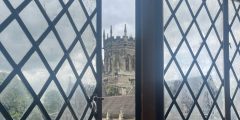 View of parish church through an open window