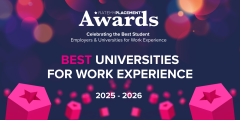 Best Universities For Work Experience Awards, 2025 - 2026 promotional banner on a dark purple and pink background