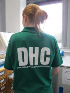 DHC Volunteer shirt modelled by student volunteer.