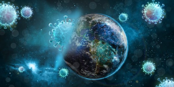 Earth in space surrounded by coronavirus particles