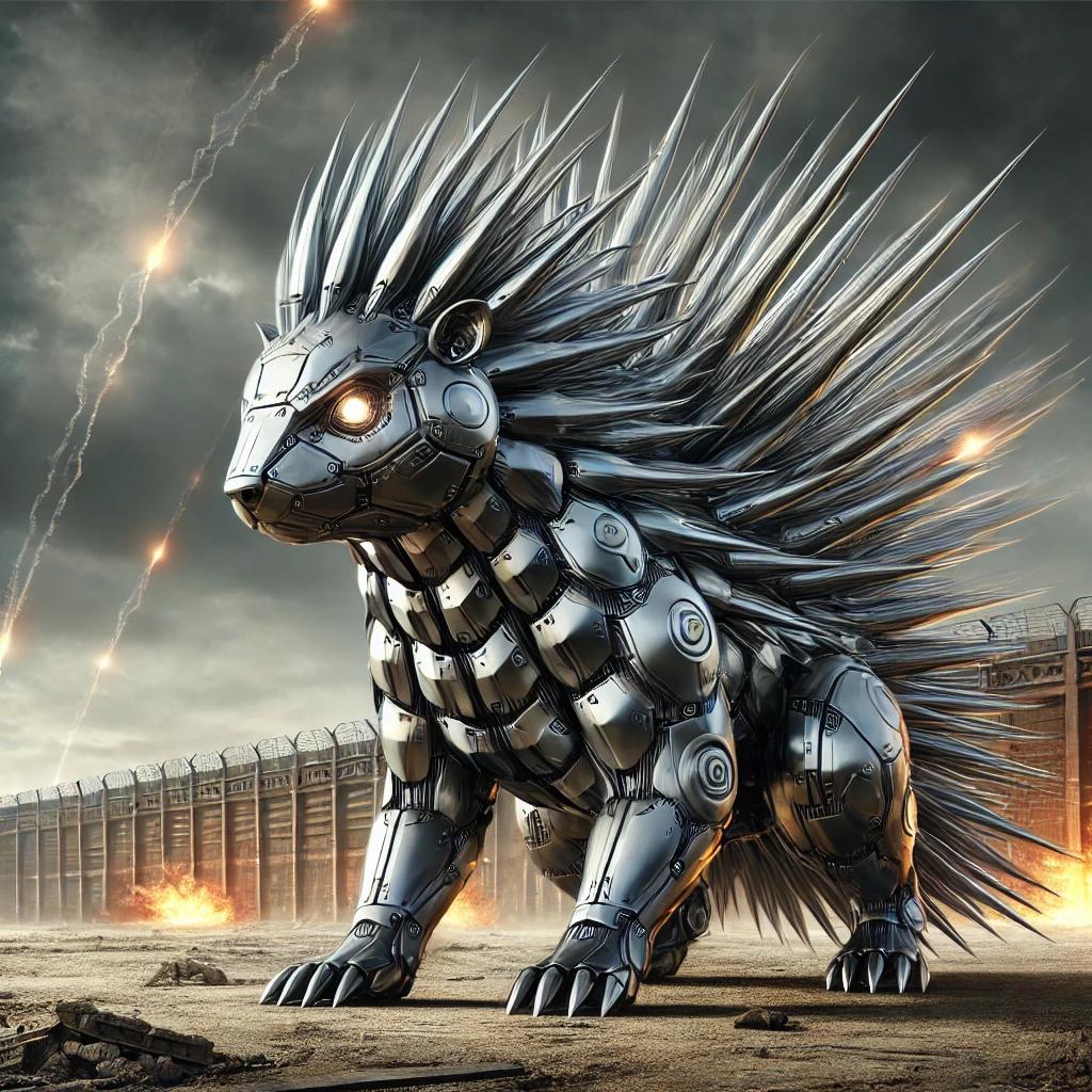 Image of a steel porcupine created by ChatGPT, armour plated on front, big steel quills, glowing eyes, fortress like barrier in the backgrounds, missiles raining down