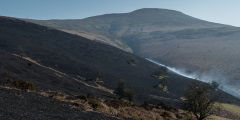 Burnt land on the Sugar Loaf.In the foreground burnt shrubland then a little bit of smoke then a bigger hill