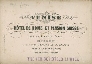 Fancy printed text with the name and address of the hotel
