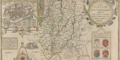 Colour photograph of John Speed's 1610 map of Nottinghamshire.