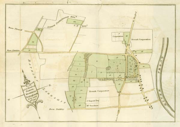 Colour plan of Muskham Grange showing various plots, with the River Trent on the right of the page.