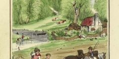 Colour illustration showing a rural scene of people and a horse-driven plough in a filed by the side of river, with a rustic cottage in the background.