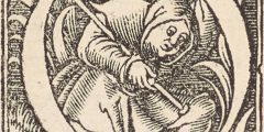 Ornamental woodcut for the letter 'O', featuring a man carrying a stick.