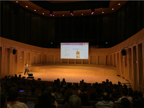 view from lecture theatre of speaker on stage at podium gesturing at projected slides