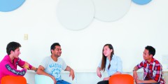 Undergraduate students socialising in the Food Court, Portland Building, University Park