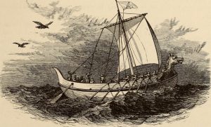 Black and white drawing of a Viking ship on a choppy sea. two ravens fly alongside.