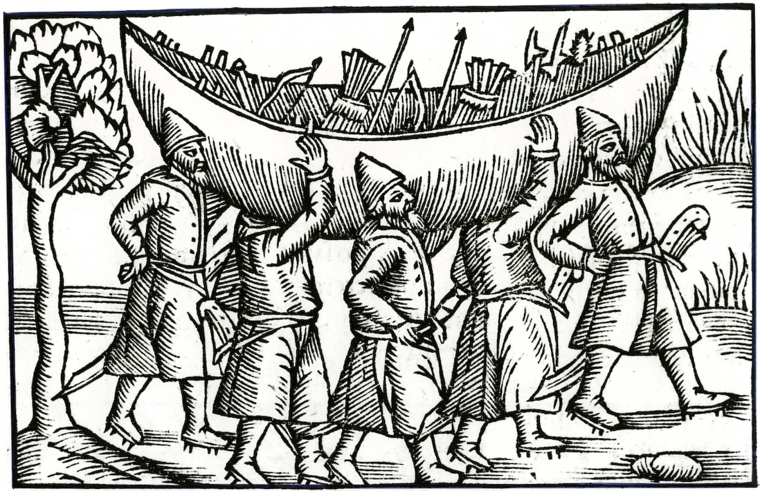 Black and white woodcut showing five men with a boat on their shoulders. Inside the boat are quivers, arrows and bows.
