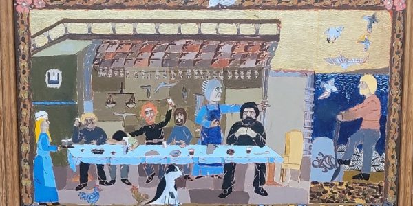 Colour painting by children of a scene from the saga. It features a long table in a hall with people sat along it. It depicts the feast that Thora held, and outside the hall a man is digging.