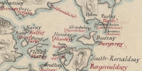 Detail of a hand-coloured (blue and red ink) manuscript map showing saga place-names. A star marks the present-day position of Gaitnip.