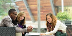 Undergraduate students in conversation in The Exchange Building, Jubilee Campus